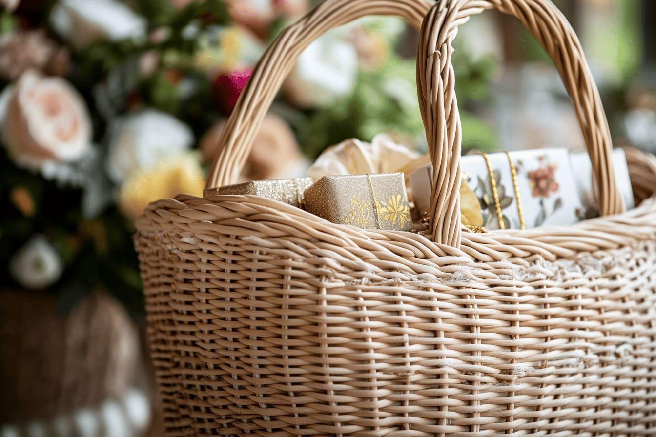 Petits sacs en osier garnis de cadeaux personnalisés et d’étiquettes, disposés sur une table de réception élégante