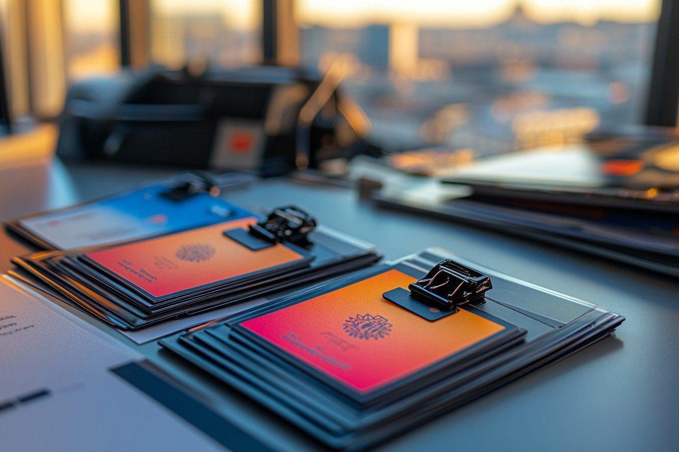 Badges nominatifs professionnels avec tours de cou disposés sur une table d’accueil lors d’un événement à Marseille