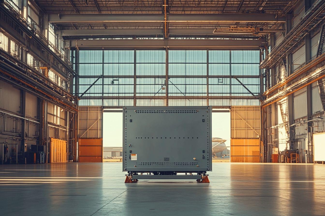 Intérieur d’un hangar agricole avec système de chauffage suspendu et zones d’élevage aménagées