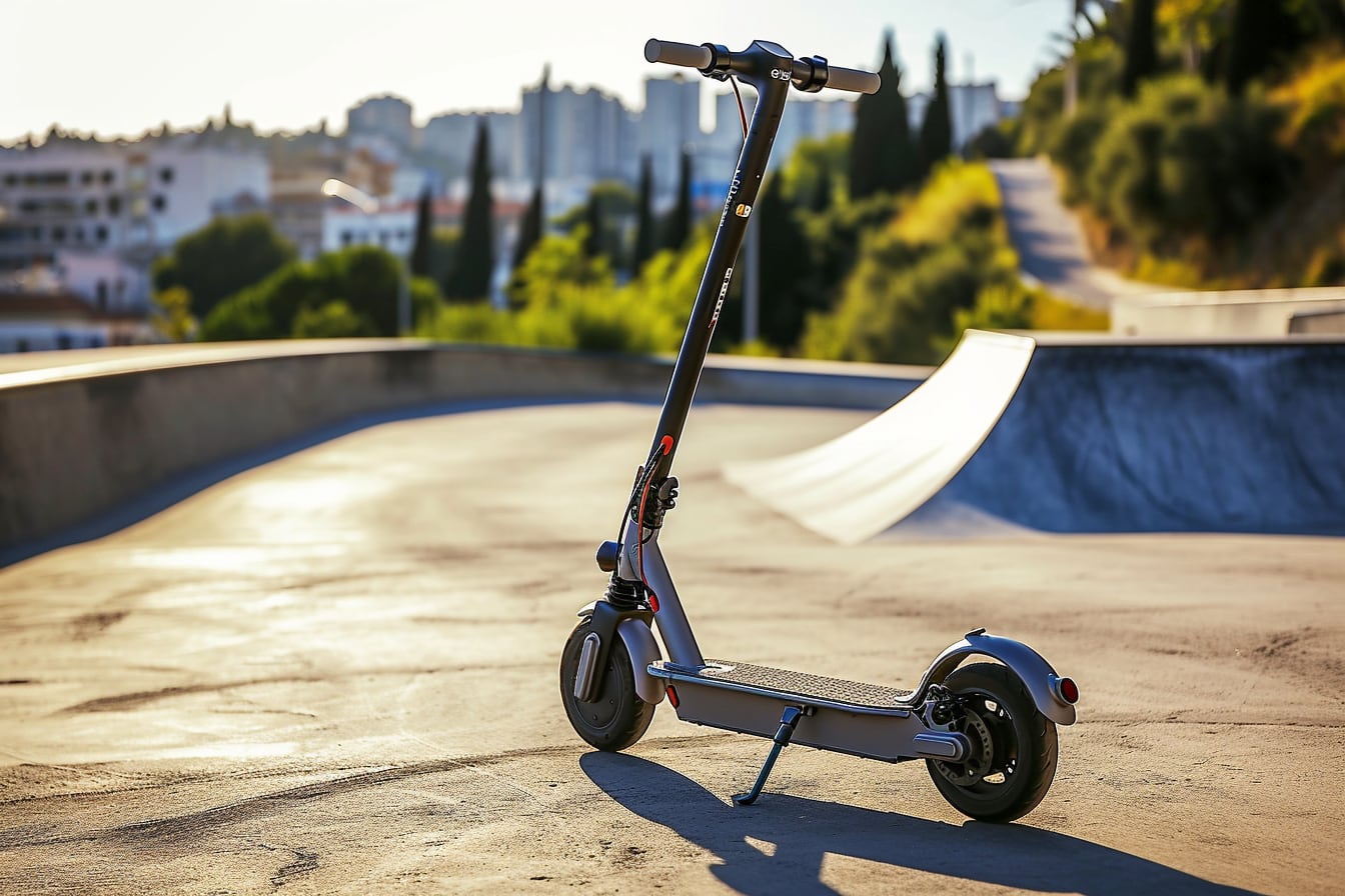 Trottinette électrique urbaine robuste stationnée près d’une piste cyclable, avec pneus larges et frein à disque