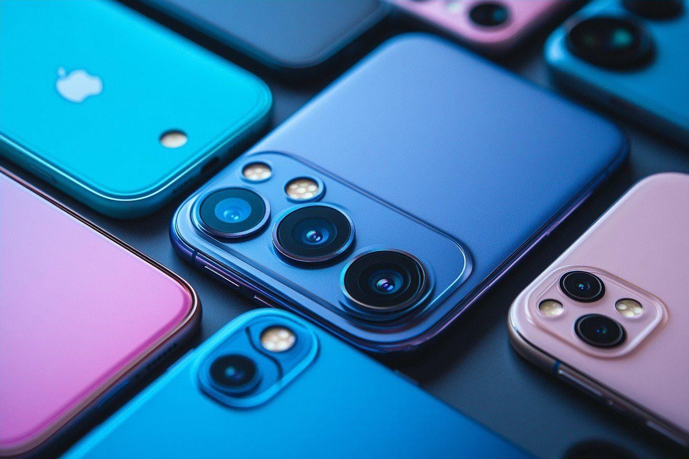 Smartphone neuf posé sur un bureau avec écran de comparateur de prix et emballage scellé