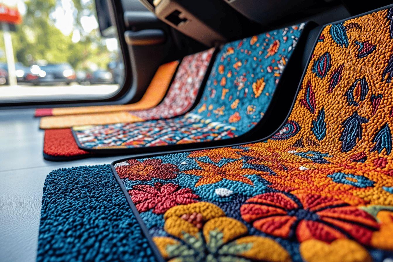 Habitacle de voiture propre avec tapis de sol ajustés, tapis de coffre et accessoires de rangement assortis