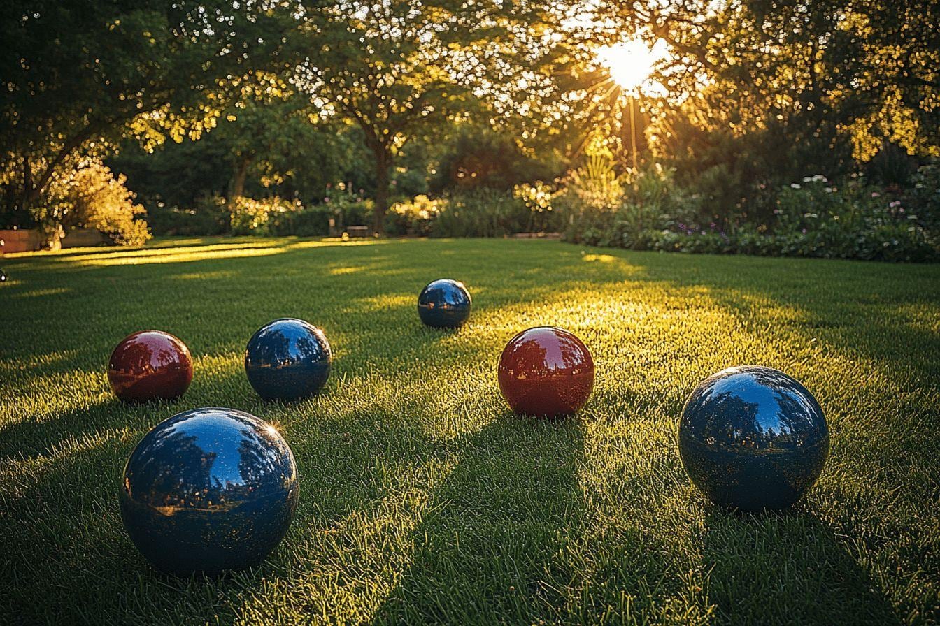 Partie de pétanque en extérieur sur un terrain de gravier avec boules métalliques et cochonnet