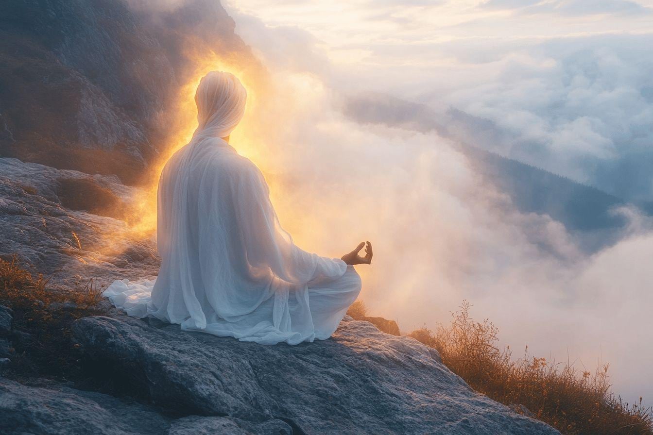 Voyageuse assise face à un paysage montagneux au lever du soleil, dans un moment de méditation et de contemplation