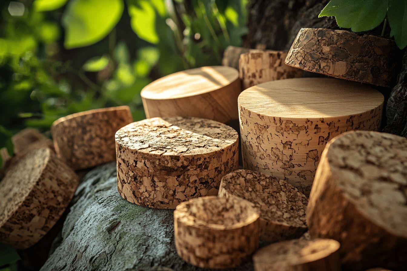 Montre en bois, bijoux naturels et sac en liège disposés sur un tissu en lin clair