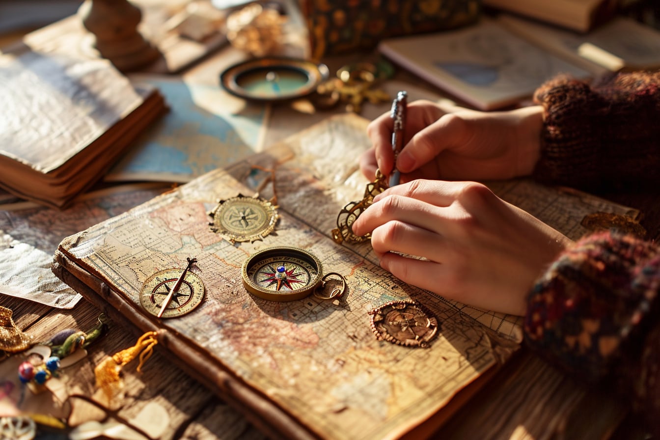 Carnet de voyage personnalisé ouvert sur une table, avec billets, carte, stylos et souvenirs de vacances