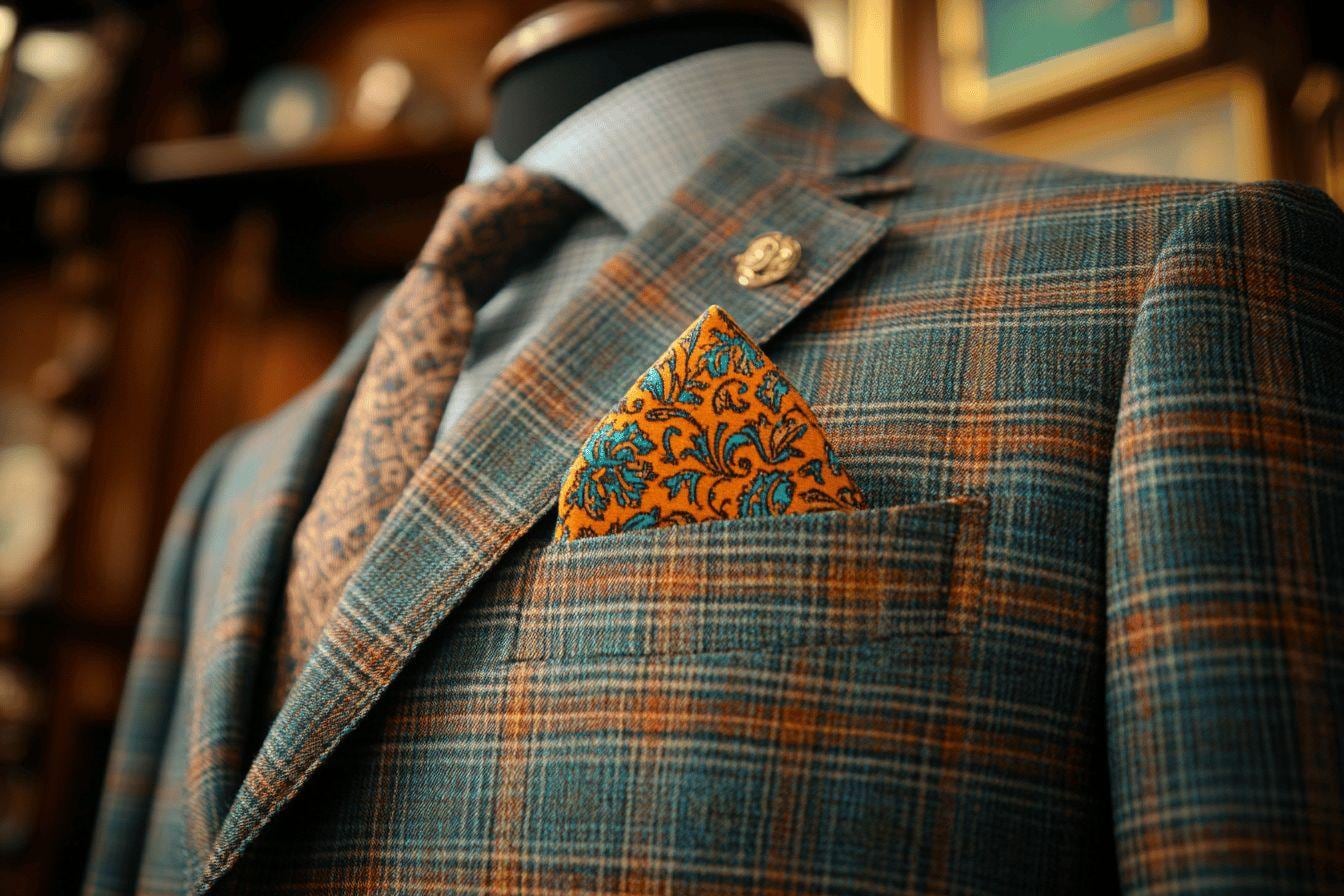 Costume bleu à carreaux porté avec une pochette de costume contrastée dans la poche poitrine