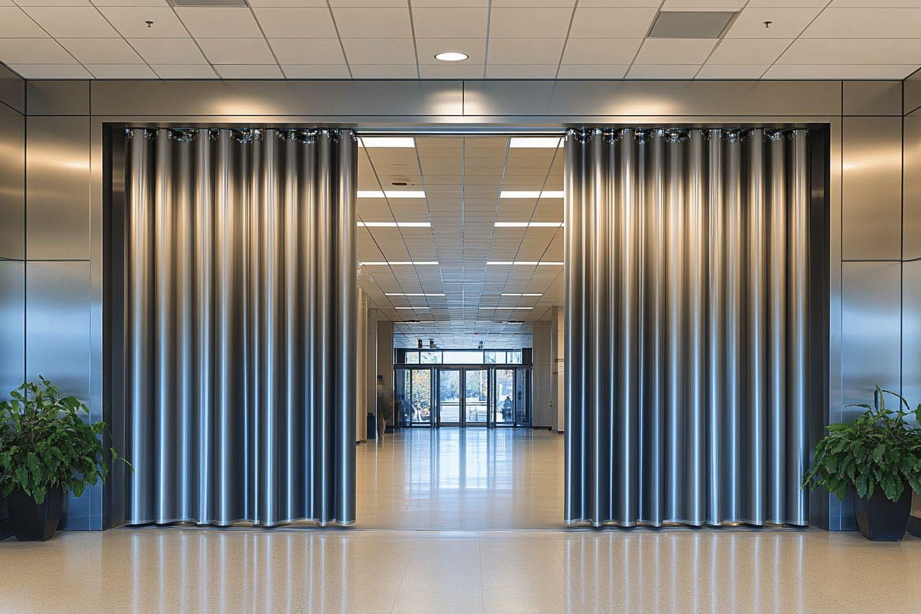 Rideau d’air chaud installé au-dessus de l’entrée ouverte d’un espace commercial très fréquenté