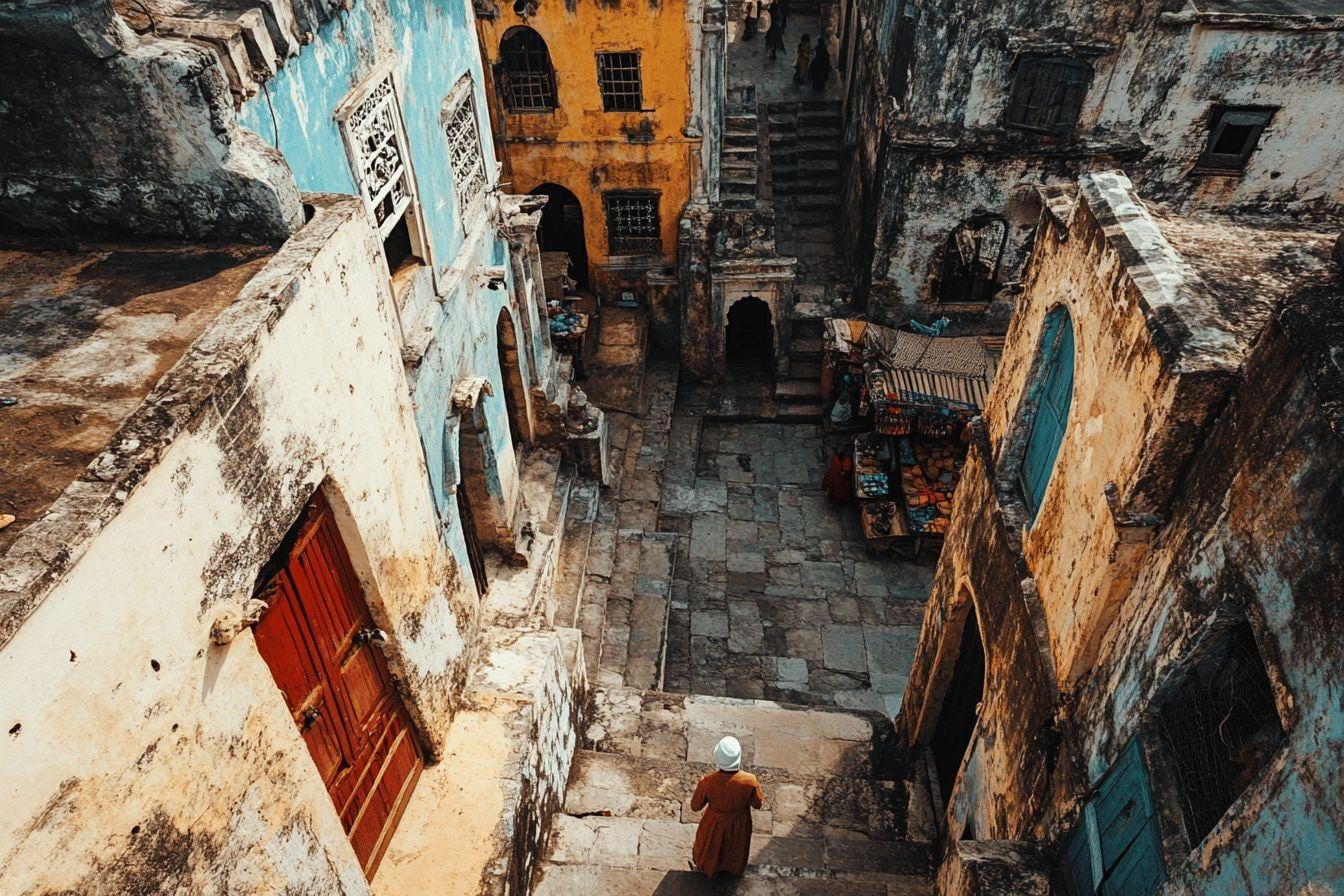 Ruelle étroite de Stone Town à Zanzibar, bordée de maisons anciennes aux portes en bois sculpté