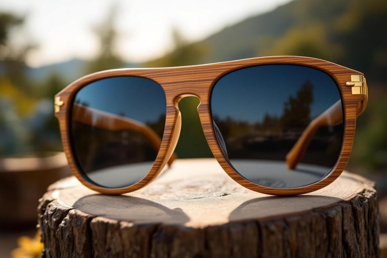 Lunettes de soleil haut de gamme en bois au veinage naturel posées dans un étui élégant
