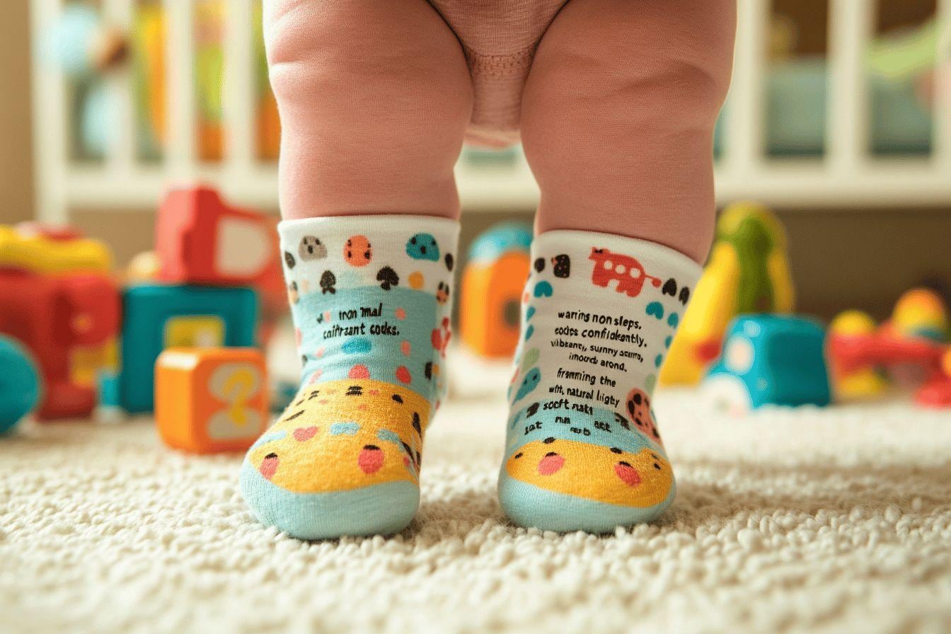 Bébé debout sur un parquet clair, portant des chaussettes antidérapantes à picots pendant ses premiers pas