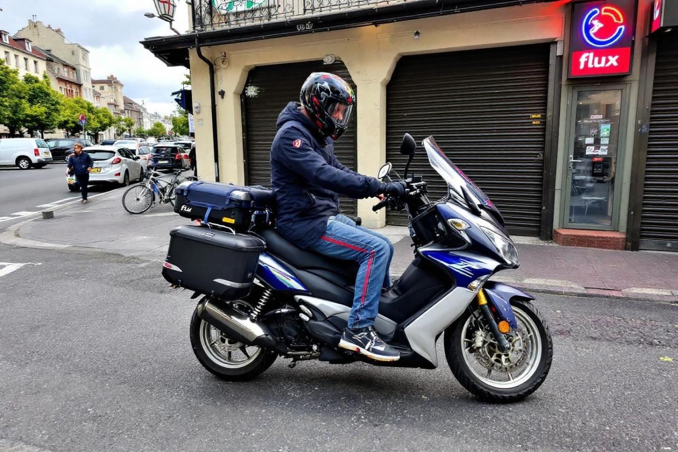 Motard équipé à côté de sa moto, consultant des documents d’assurance et un contrat de protection juridique
