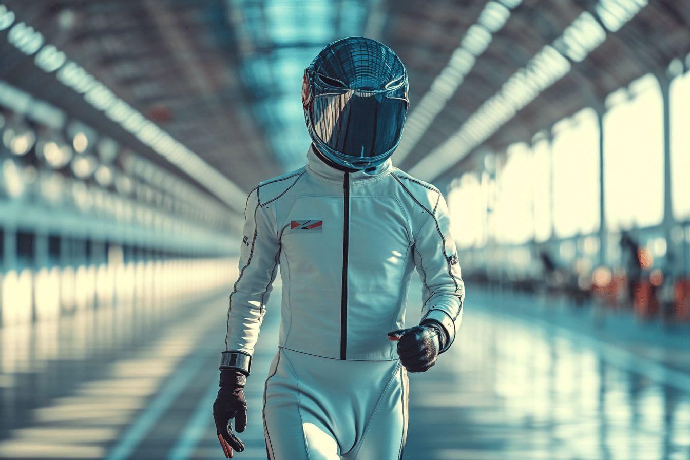 Pentathlète moderne équipé d’un maillot de bain et d’une tenue de course, avec matériel sportif pour les épreuves enchaînées