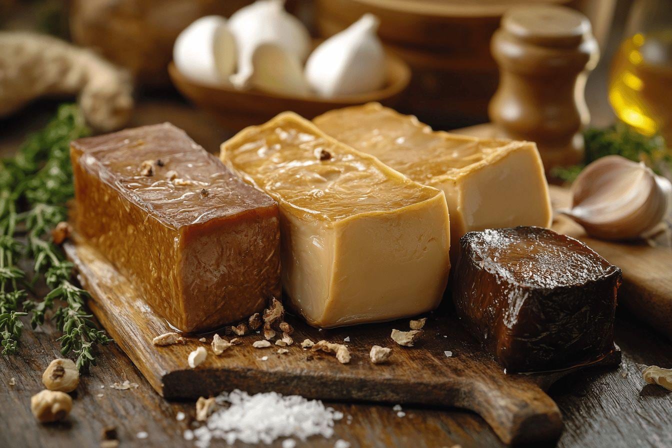 Tranches de foie gras et foies de volaille crus disposés sur une planche de cuisine avec herbes aromatiques