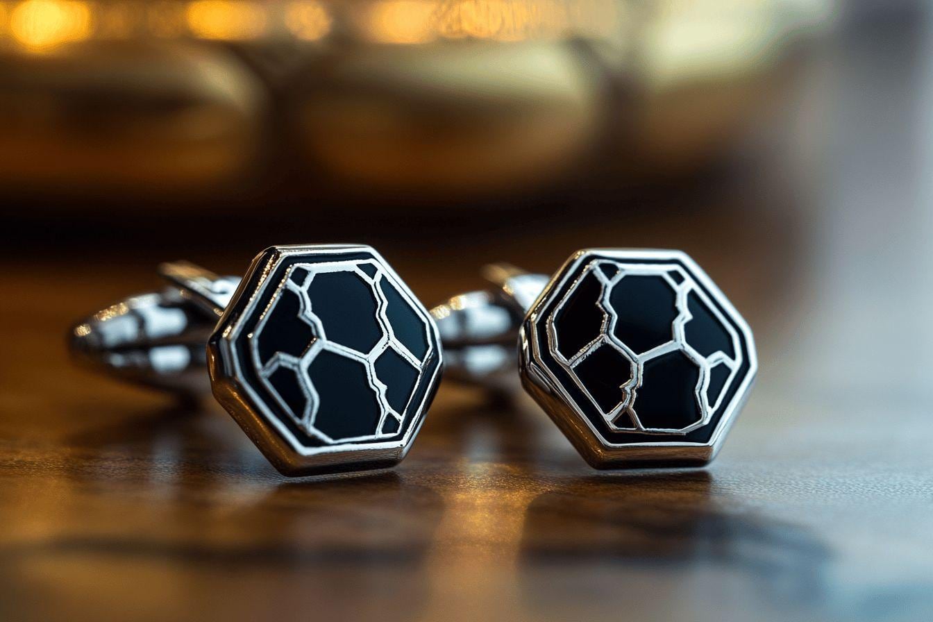 Paire de boutons de manchette hexagonaux métalliques posée près d’une chemise blanche à poignets mousquetaires
