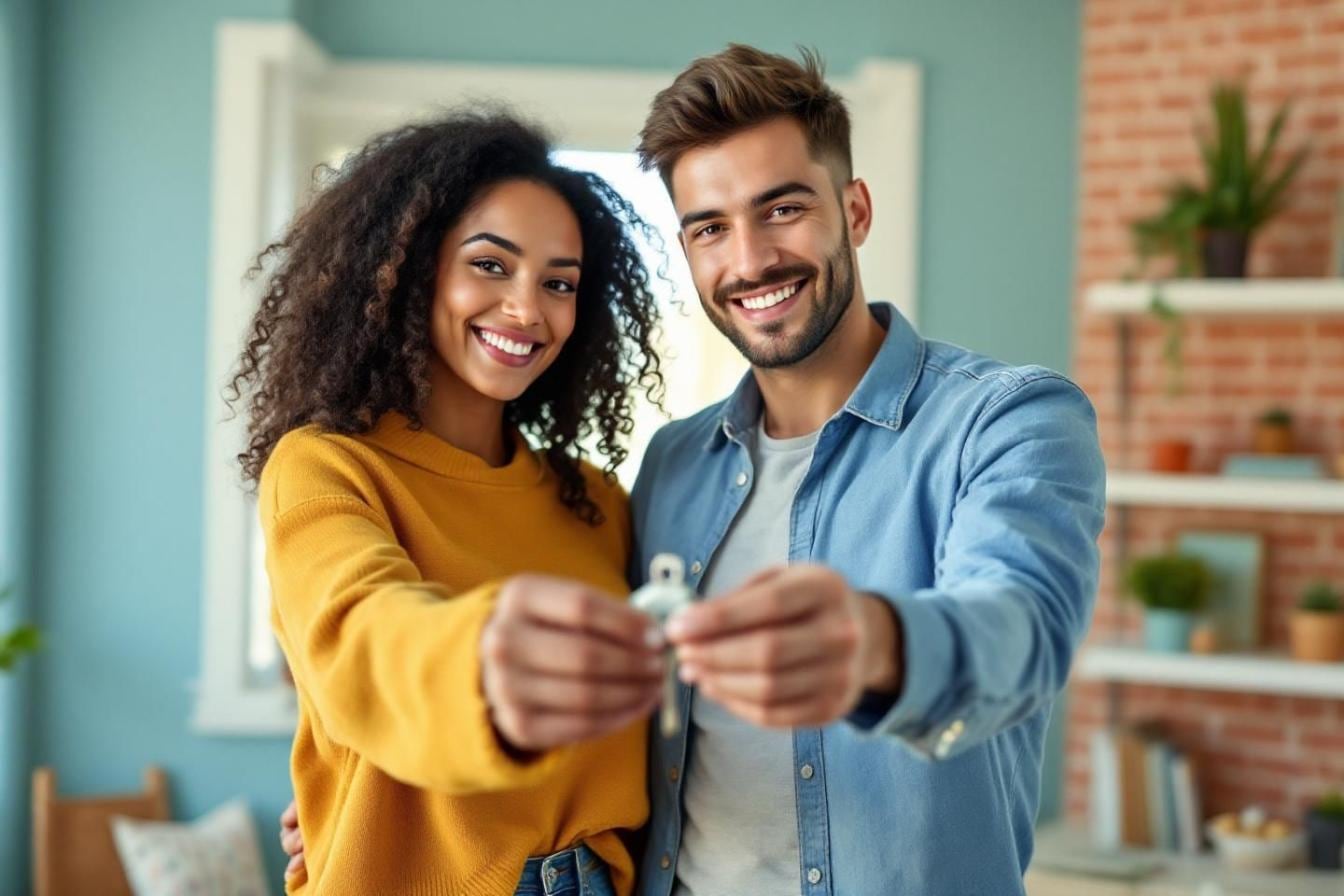 Jeune couple examinant un plan de financement immobilier avec des documents de prêt et les clés de leur futur logement