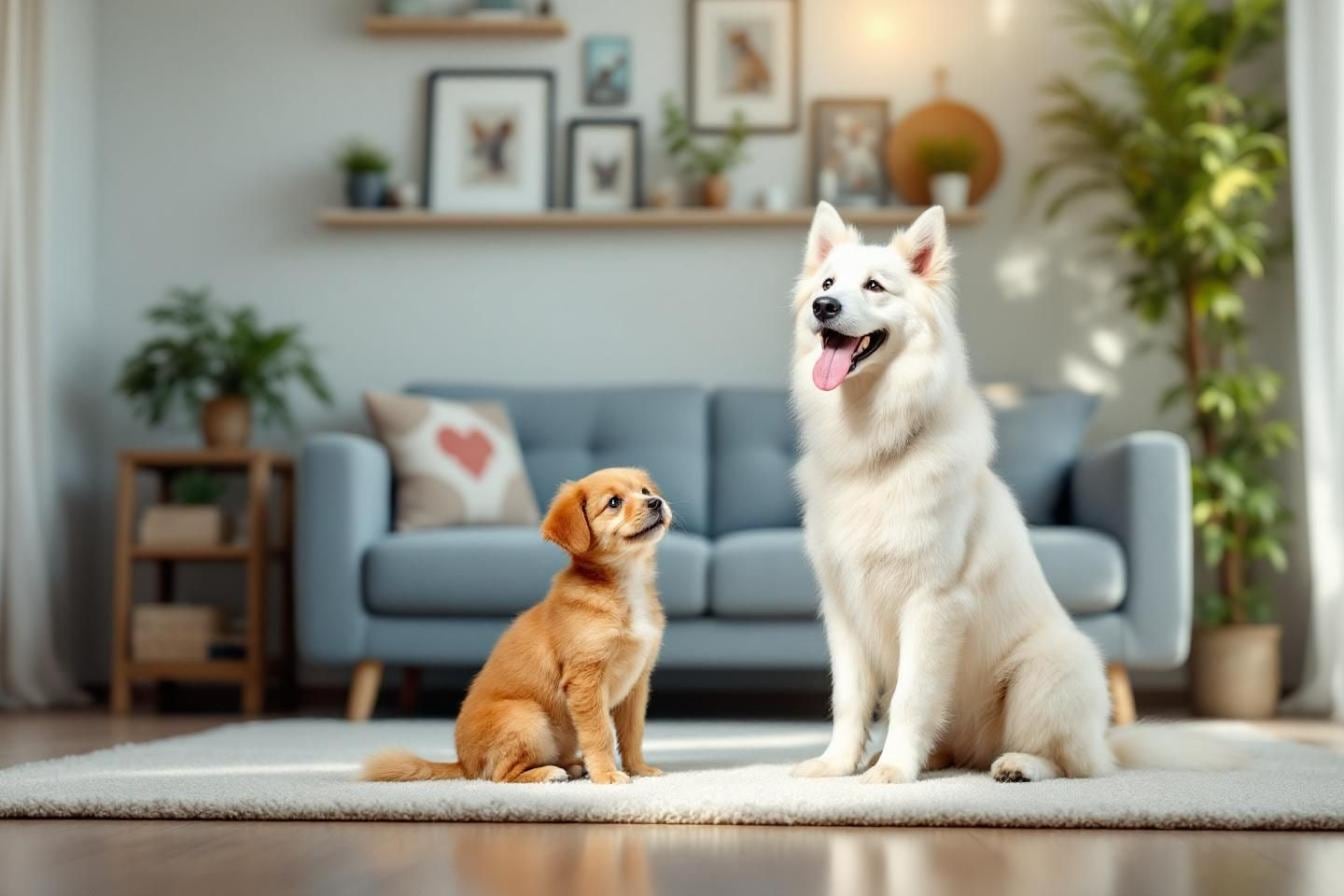 Chien et chat assis près de leur propriétaire consultant des documents de mutuelle animale