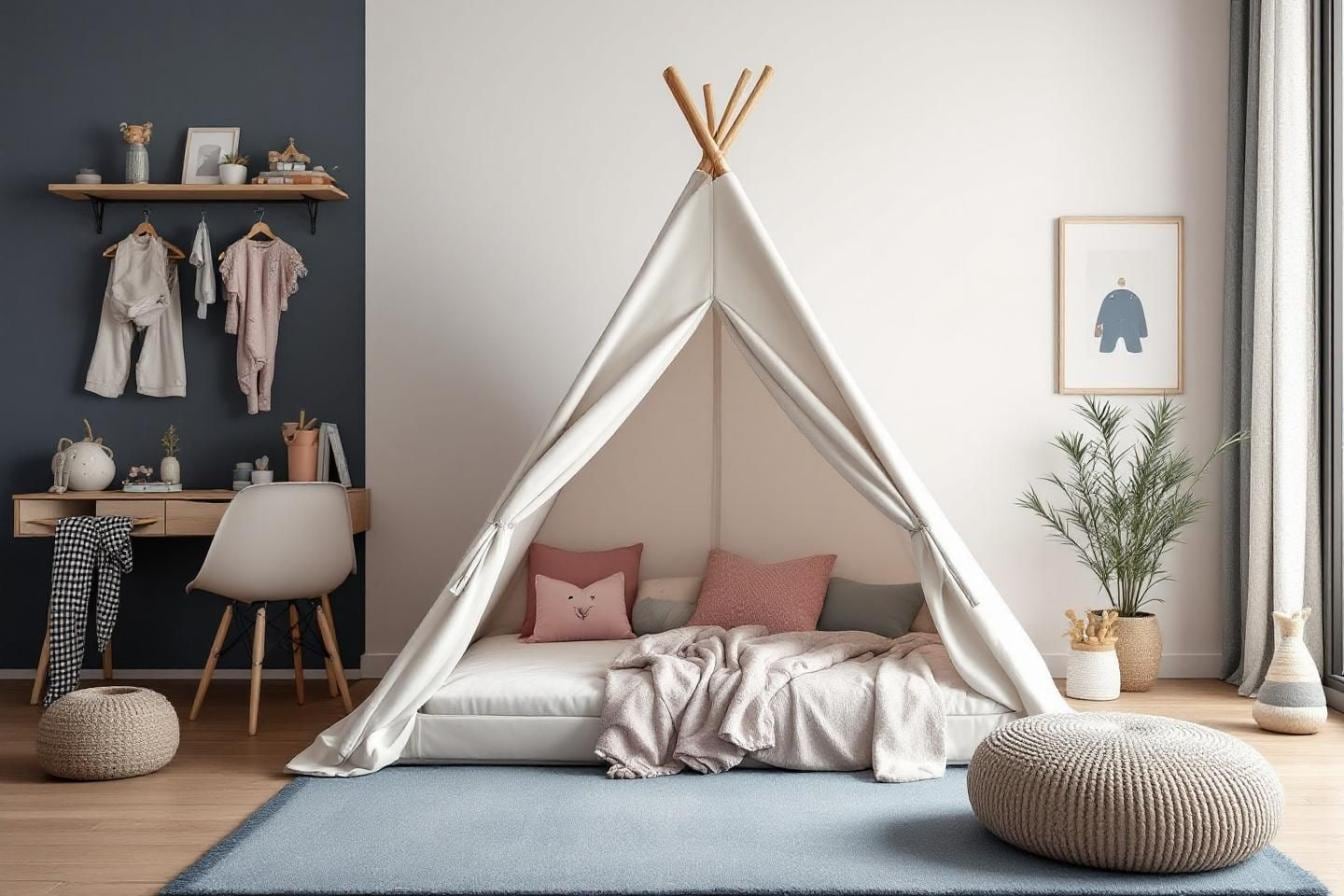 Chambre d’enfant lumineuse avec lit tipi en bois à sommier bas réglable et linge de lit clair