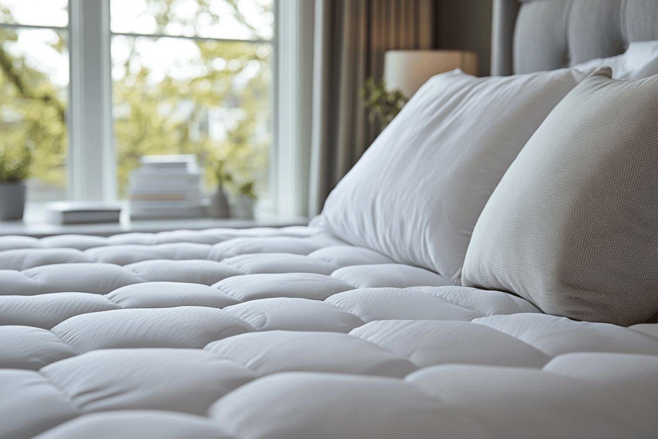 Lit double 160×200 soigneusement préparé avec protège-matelas imperméable blanc et linge de lit clair