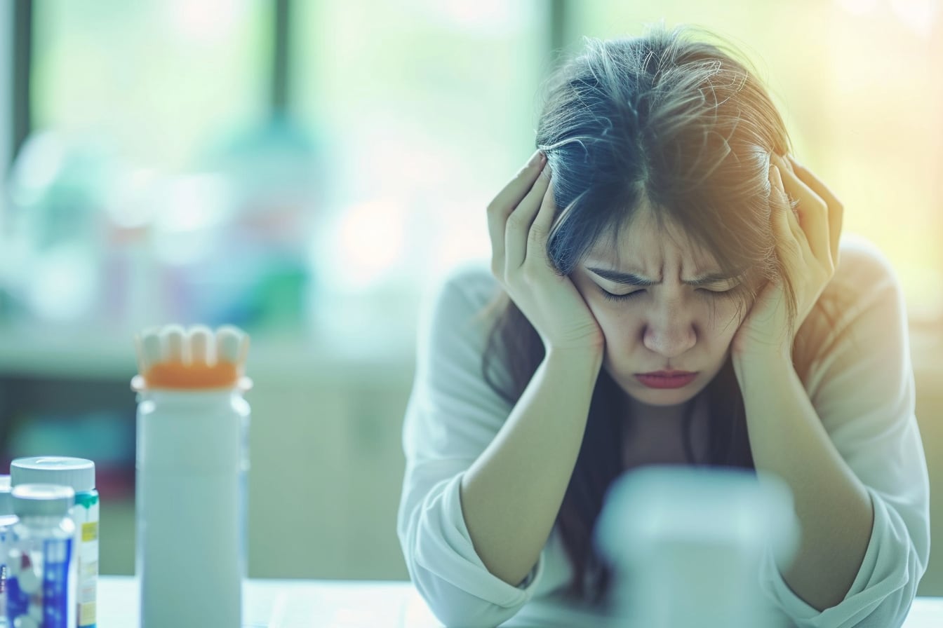Personne assise au bord d’un lit, la main sur la tête, confrontée à une sensation de vertige