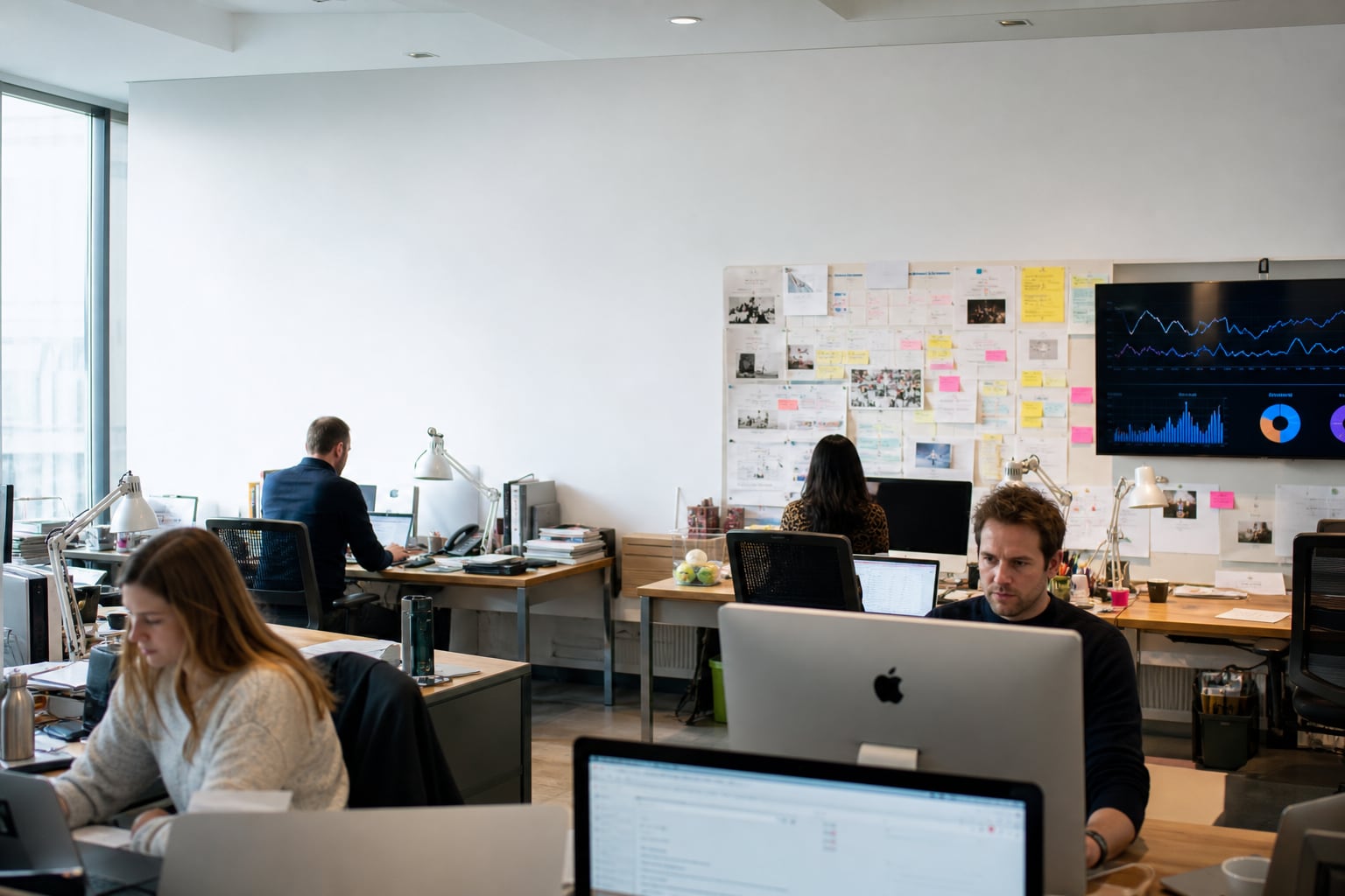 Salle de rédaction moderne où des journalistes travaillent sur ordinateurs, avec un mur de planification éditoriale et des écrans d'analyse d'audience en arrière-plan
