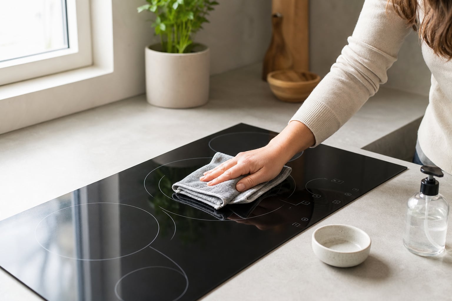 Plaque de cuisson à induction noire et brillante dans une cuisine moderne, avec une casserole en inox posée dessus et de la lumière naturelle