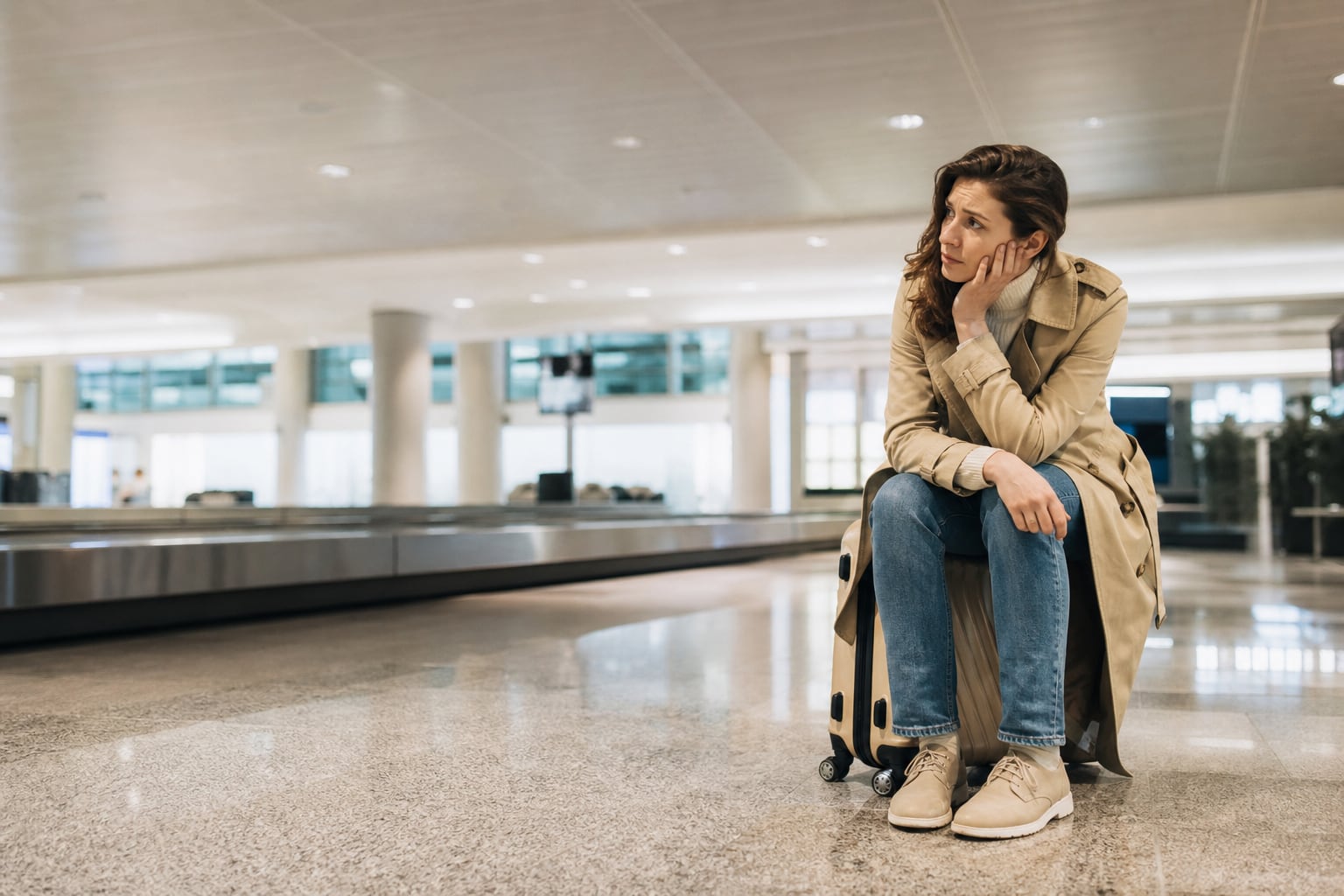 Tapis à bagages vide dans un hall d'aéroport, avec un voyageur regardant son téléphone en attendant sa valise