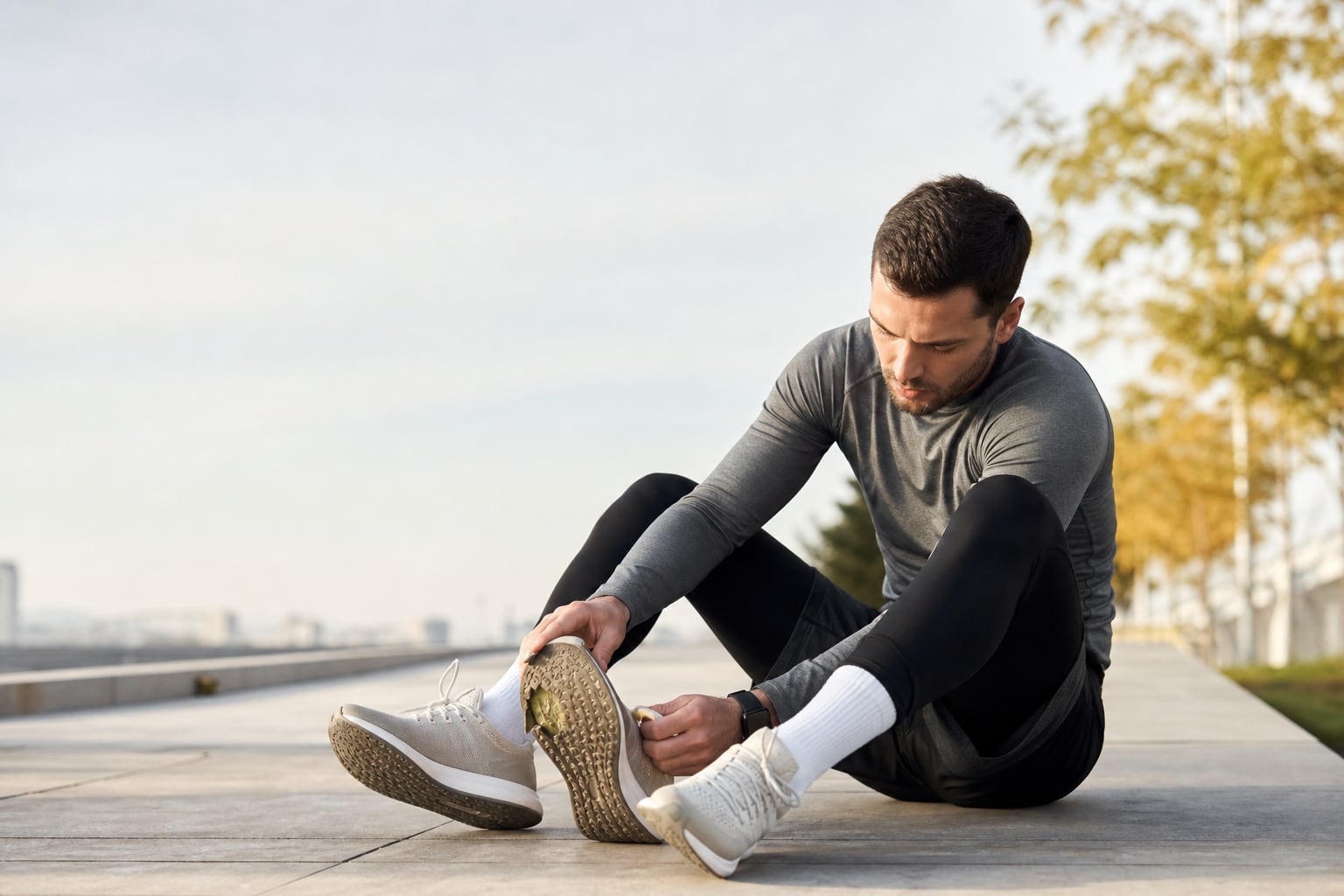 Paire de chaussures de running usées posées sur un chemin extérieur à la lumière du matin