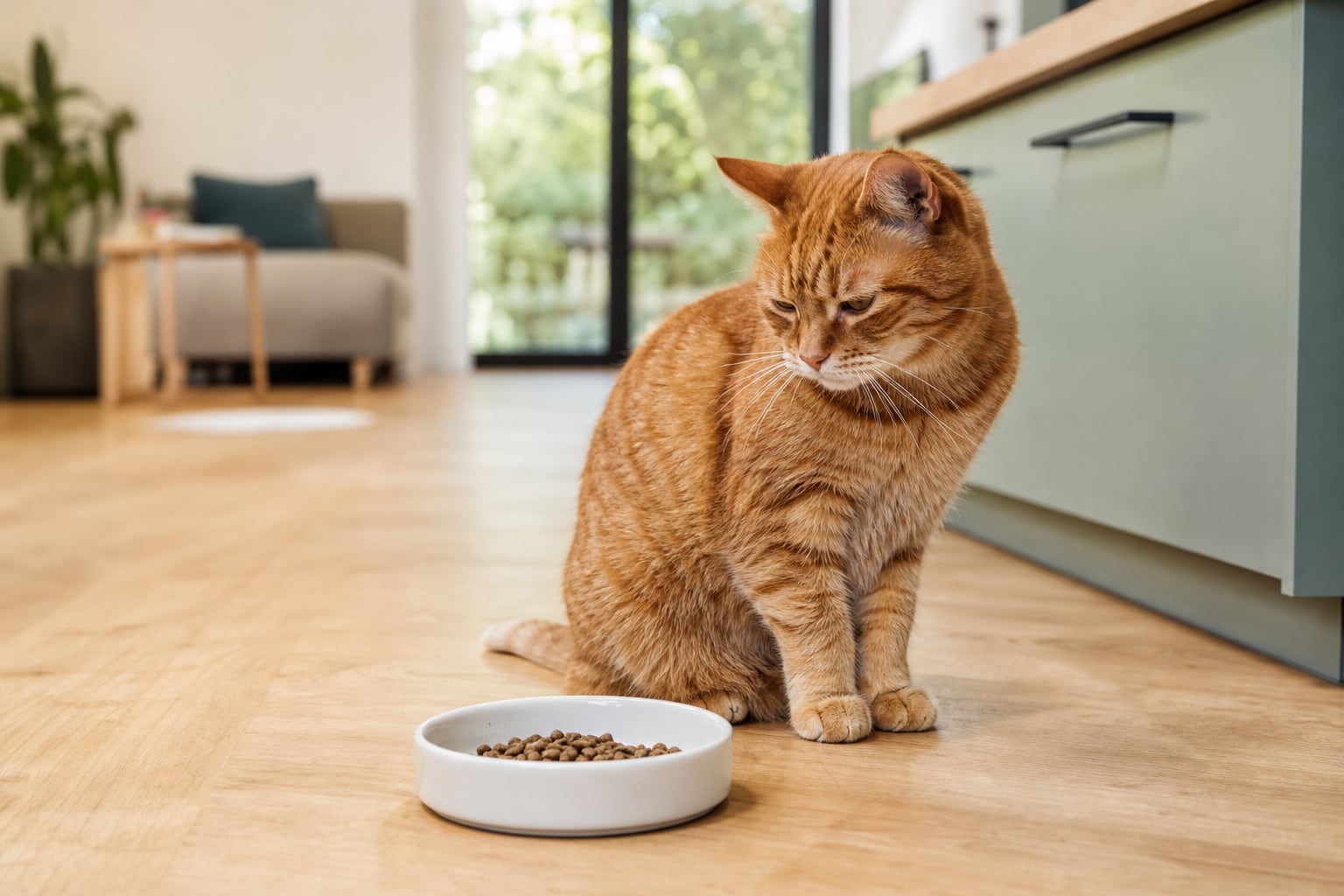 Un chat assis devant sa gamelle de croquettes, l'air hésitant, dans une cuisine lumineuse