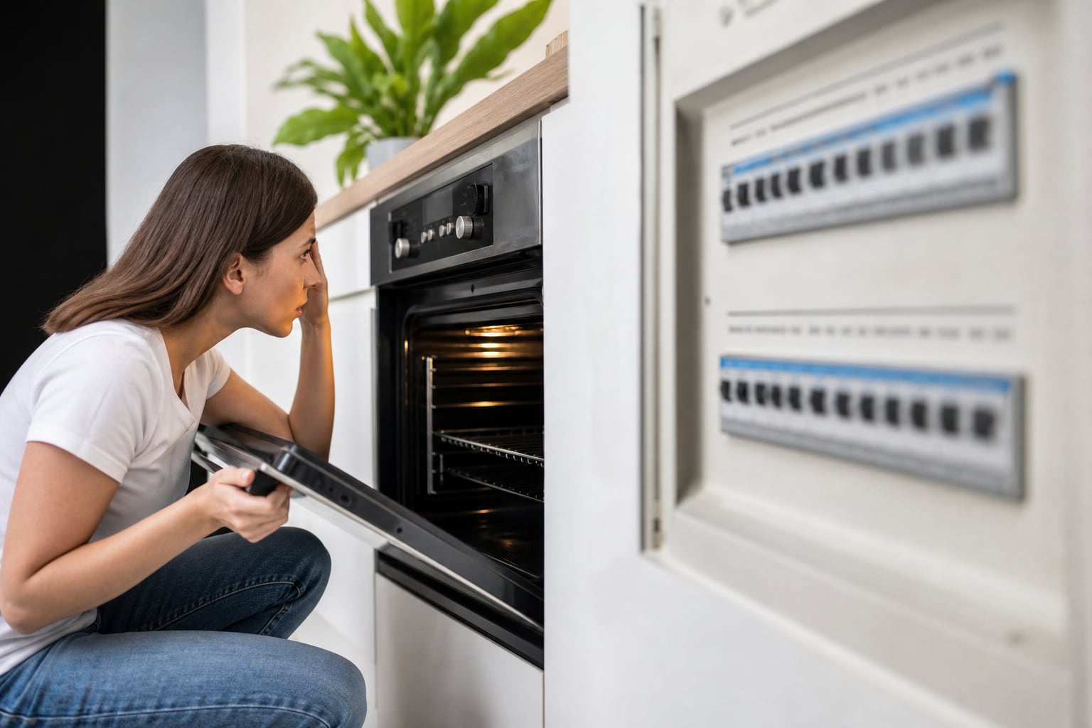 Un tableau électrique domestique avec un disjoncteur basculé en position coupée, dans un couloir de maison