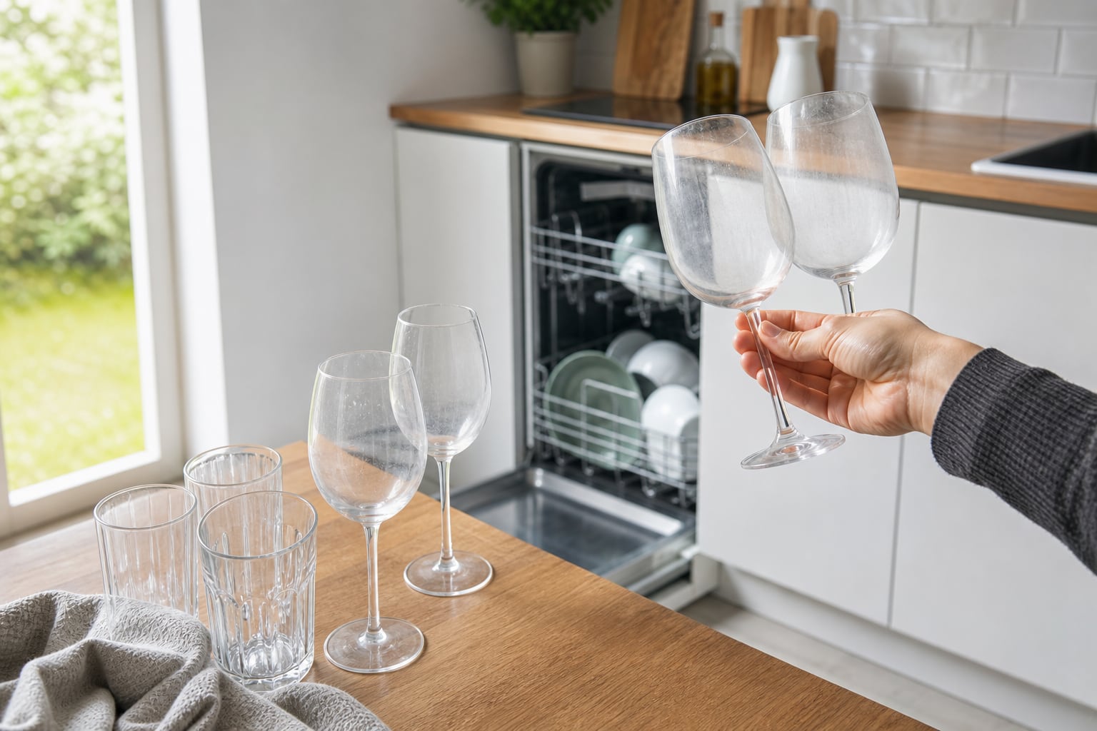 Des verres à eau ternes et voilés rangés à la sortie d'un lave-vaisselle ouvert, dans une cuisine claire