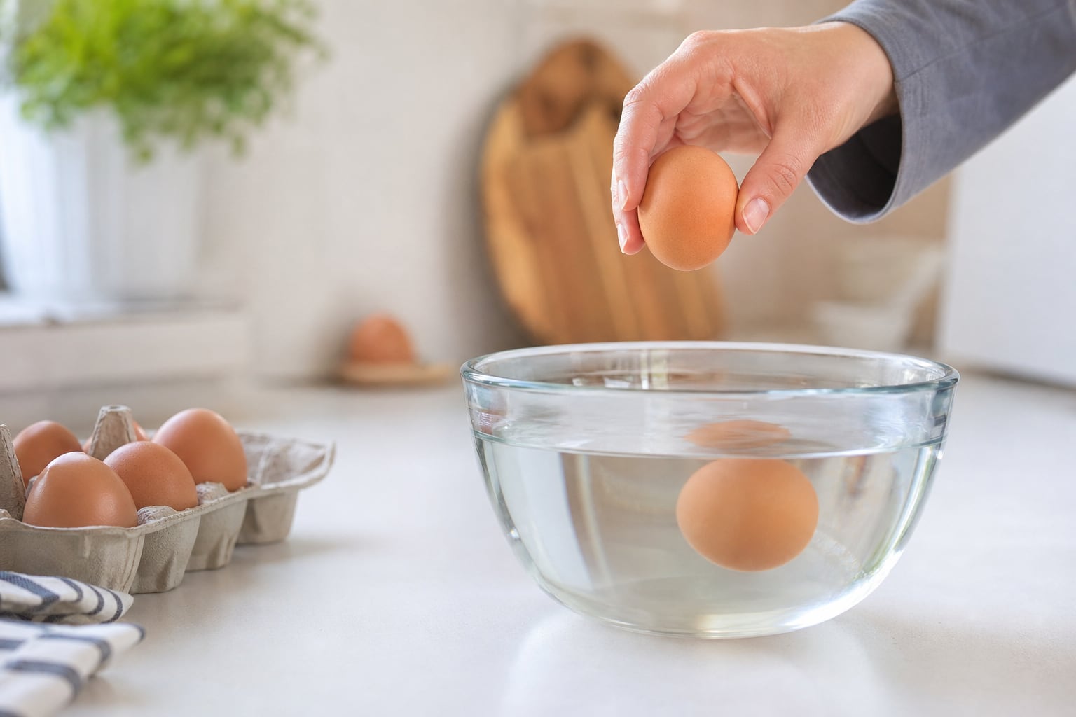 Des œufs bruns posés sur une table de cuisine en bois, à côté d'un verre d'eau utilisé pour tester leur fraîcheur