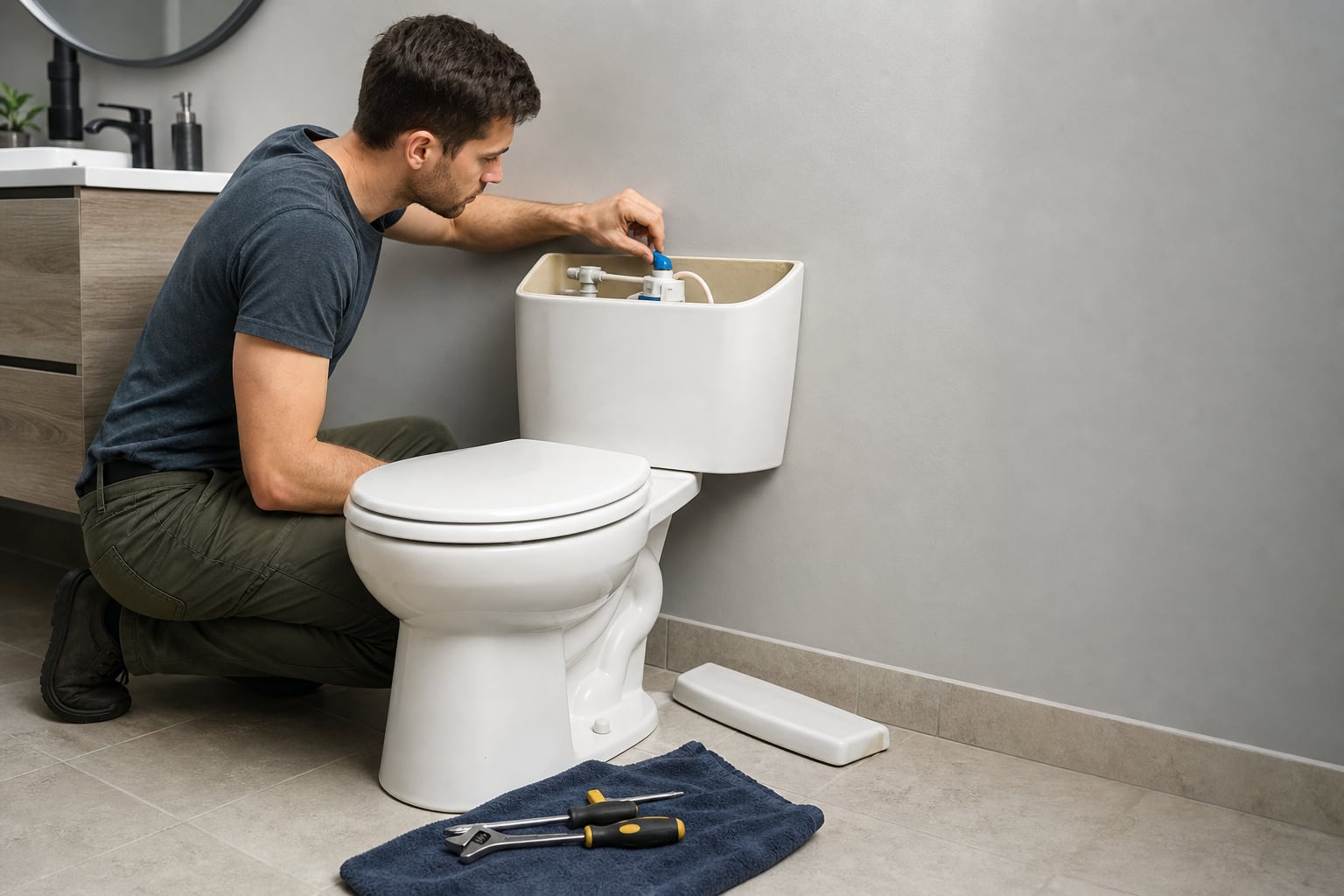 Un réservoir de toilettes ouvert laissant apparaître le mécanisme de chasse d'eau, flotteur et robinet d'arrivée d'eau visibles