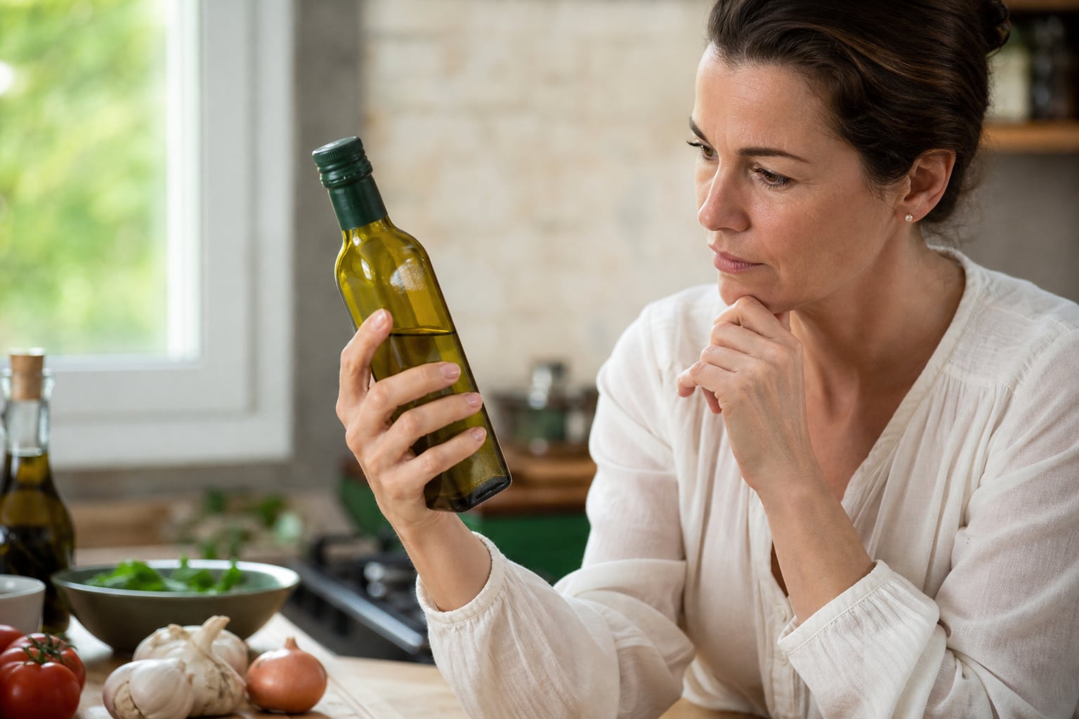 Une bouteille d'huile d'olive en verre foncé posée sur une table en bois à côté d'une coupelle d'huile et d'un morceau de pain