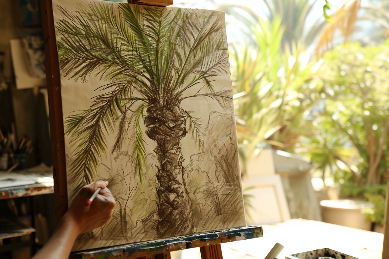 Croquis au crayon d’un palmier tropical avec tronc courbé et palmes détaillées