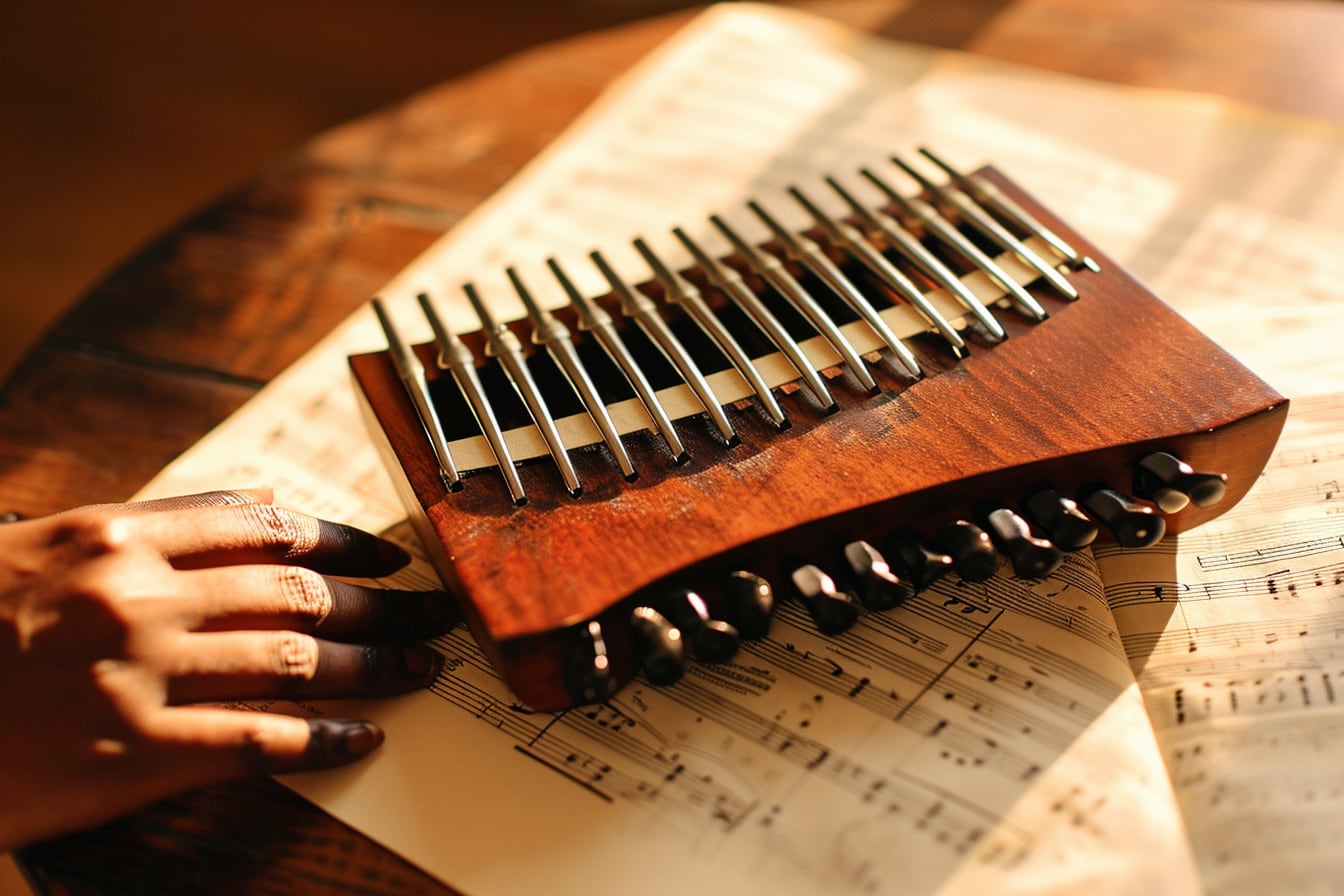 Kalimba en bois à 7 lames métalliques posée avec une tablature chiffrée pour débutant