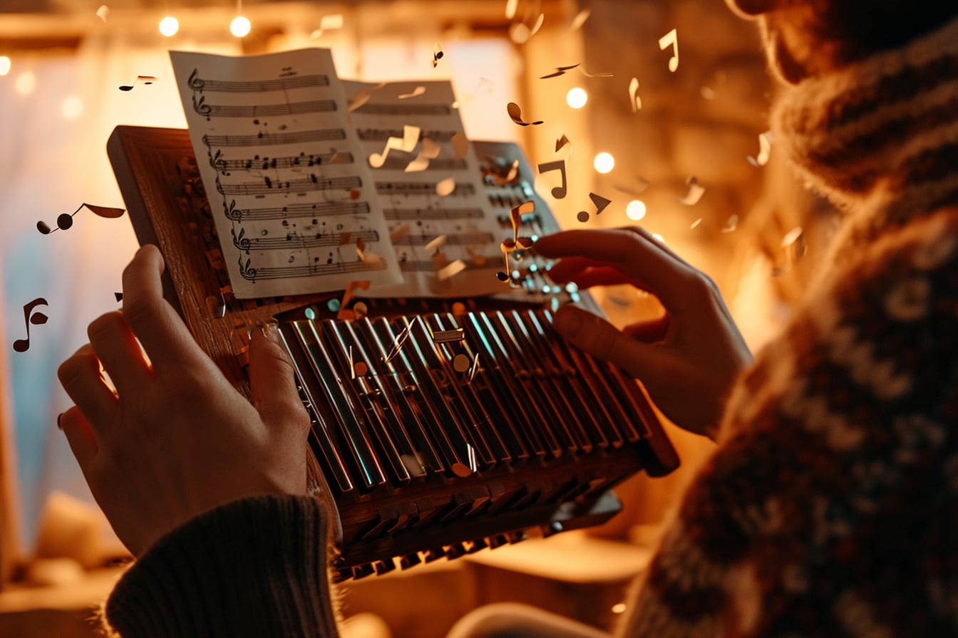 Kalimba en bois posée sur une table avec une partition musicale et des lumières aux tons dorés créant une ambiance mystérieuse