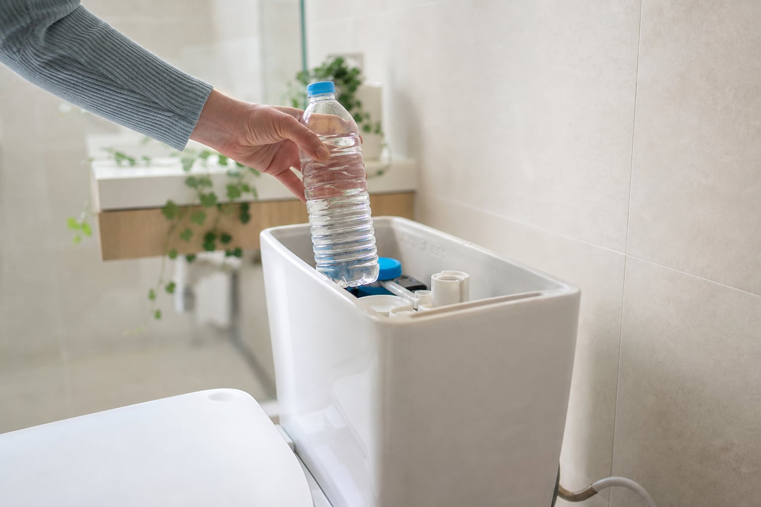 Bouteille d’eau remplie placée dans le réservoir d’une chasse d’eau pour réduire le volume utilisé