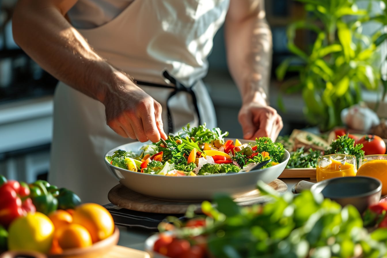 Sportive préparant un repas équilibré avec céréales, fruits, légumes et source de protéines après l’entraînement