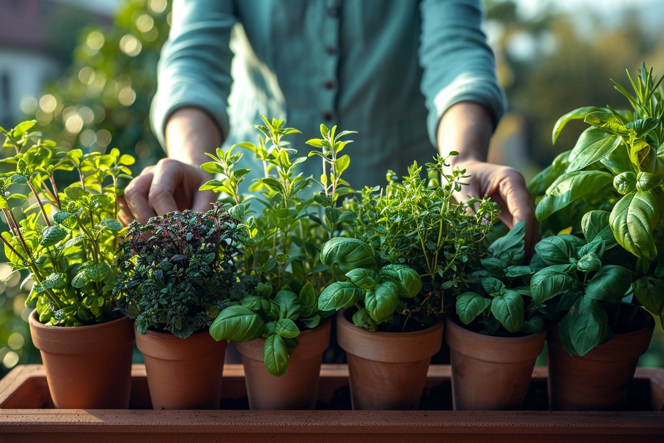 Pots de basilic, thym, menthe et persil cultivés sur un balcon ensoleillé
