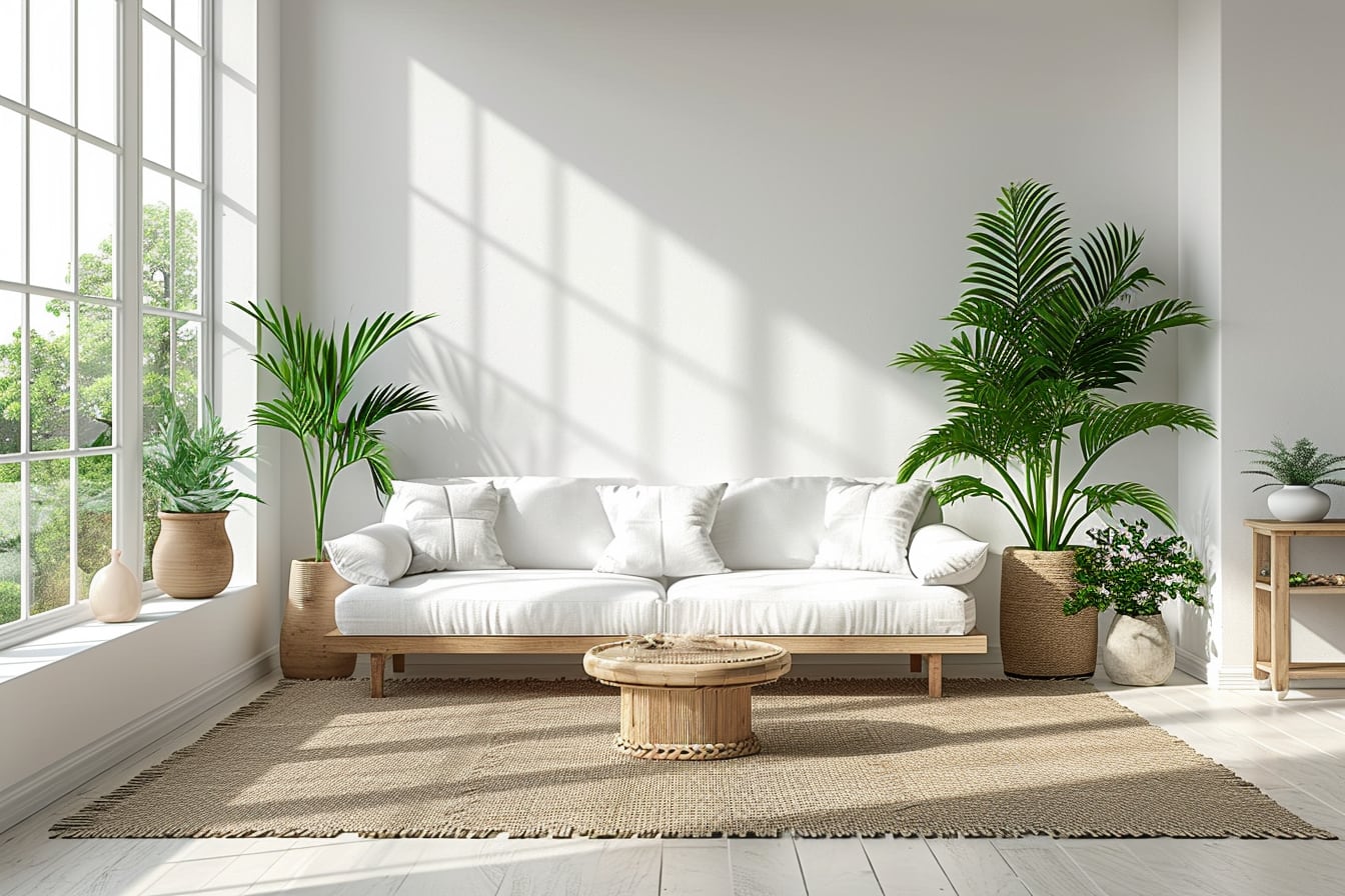 Salon lumineux à la décoration minimaliste avec canapé beige, table basse en bois, plante verte et lignes épurées