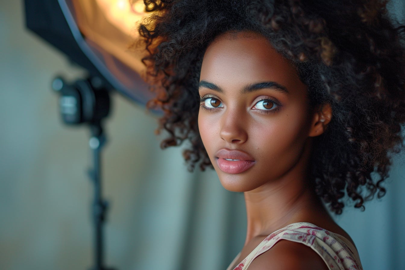 Photographe ajustant une grande softbox face à un modèle lors d’une séance de portrait en studio