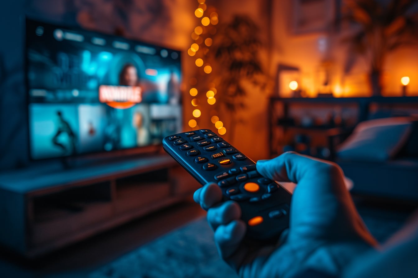 Téléviseur connecté affichant une interface de streaming Prime Video, avec smartphone utilisé pour l’activation