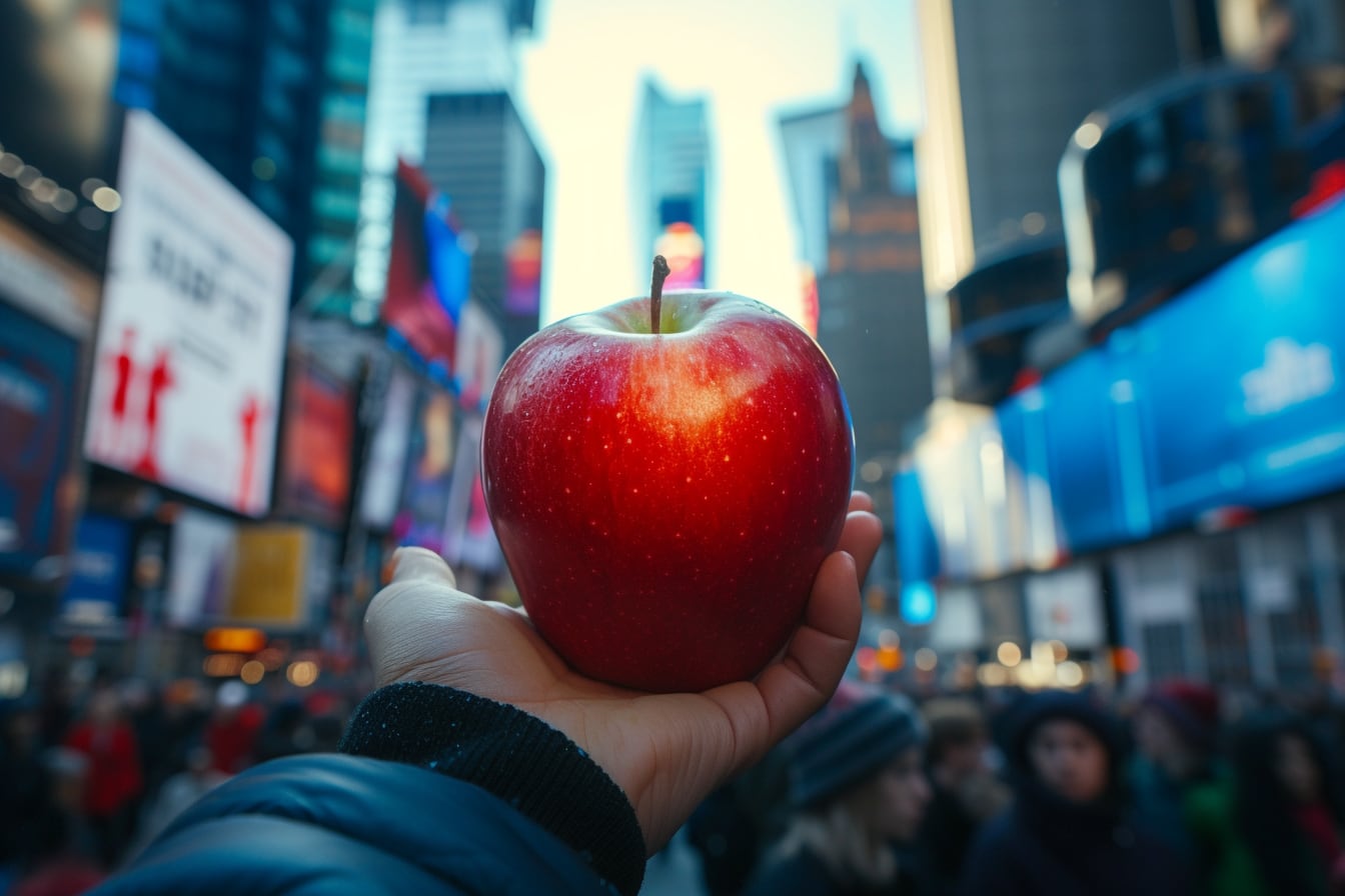 Pomme rouge devant la skyline de Manhattan à New York, symbole du surnom Big Apple
