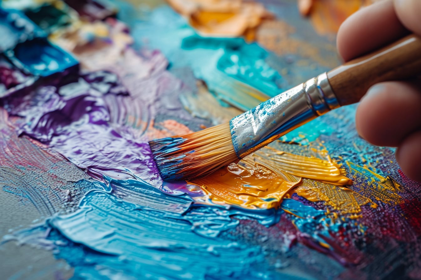 Pinceau à poils courts chargé très légèrement de peinture claire sur une surface en bois texturé