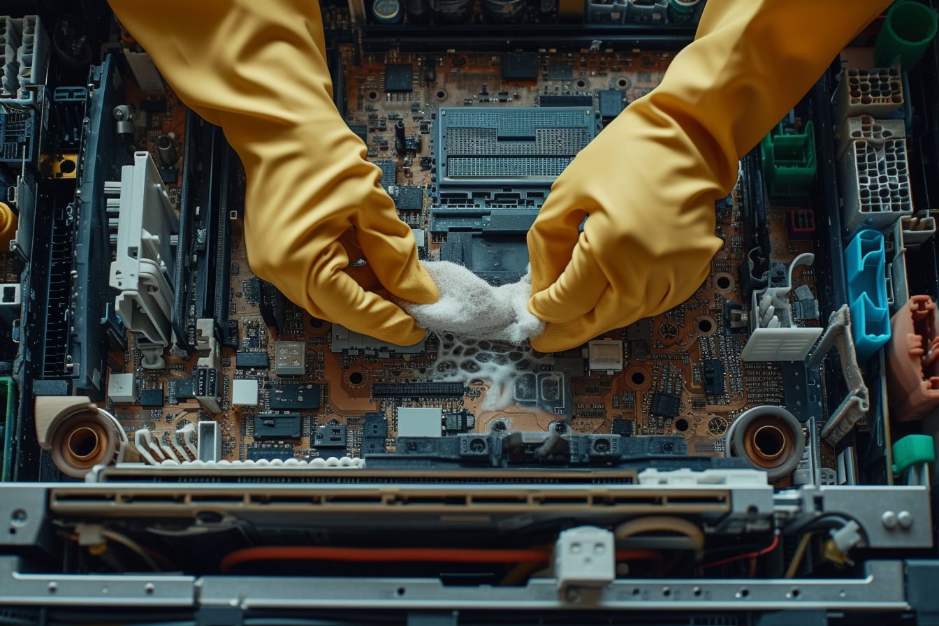 Technicien portant des gants remplaçant le bac de maintenance d’une imprimante Epson sur un plan de travail protégé