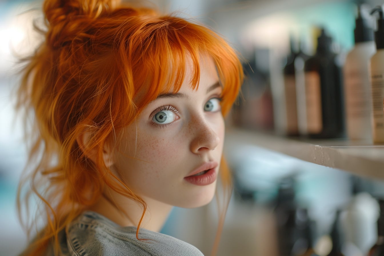 Chevelure blond cuivré avec reflets orange après une décoloration, prête à être corrigée par une patine
