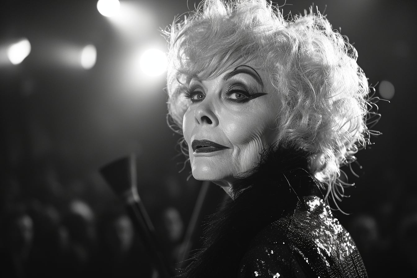 Montage évocateur d’un plateau de jeu musical coloré et d’une tenue noire et blanche rappelant le personnage de Cruella