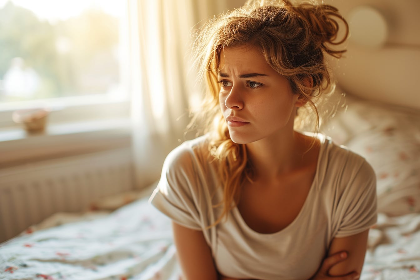 Personne tenant une bouillotte contre son bas-ventre pour soulager des douleurs menstruelles