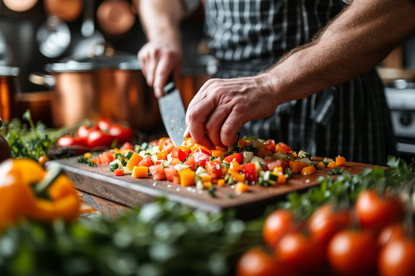Plan rapproché de légumes variés découpés en brunoise régulière sur une planche de cuisine